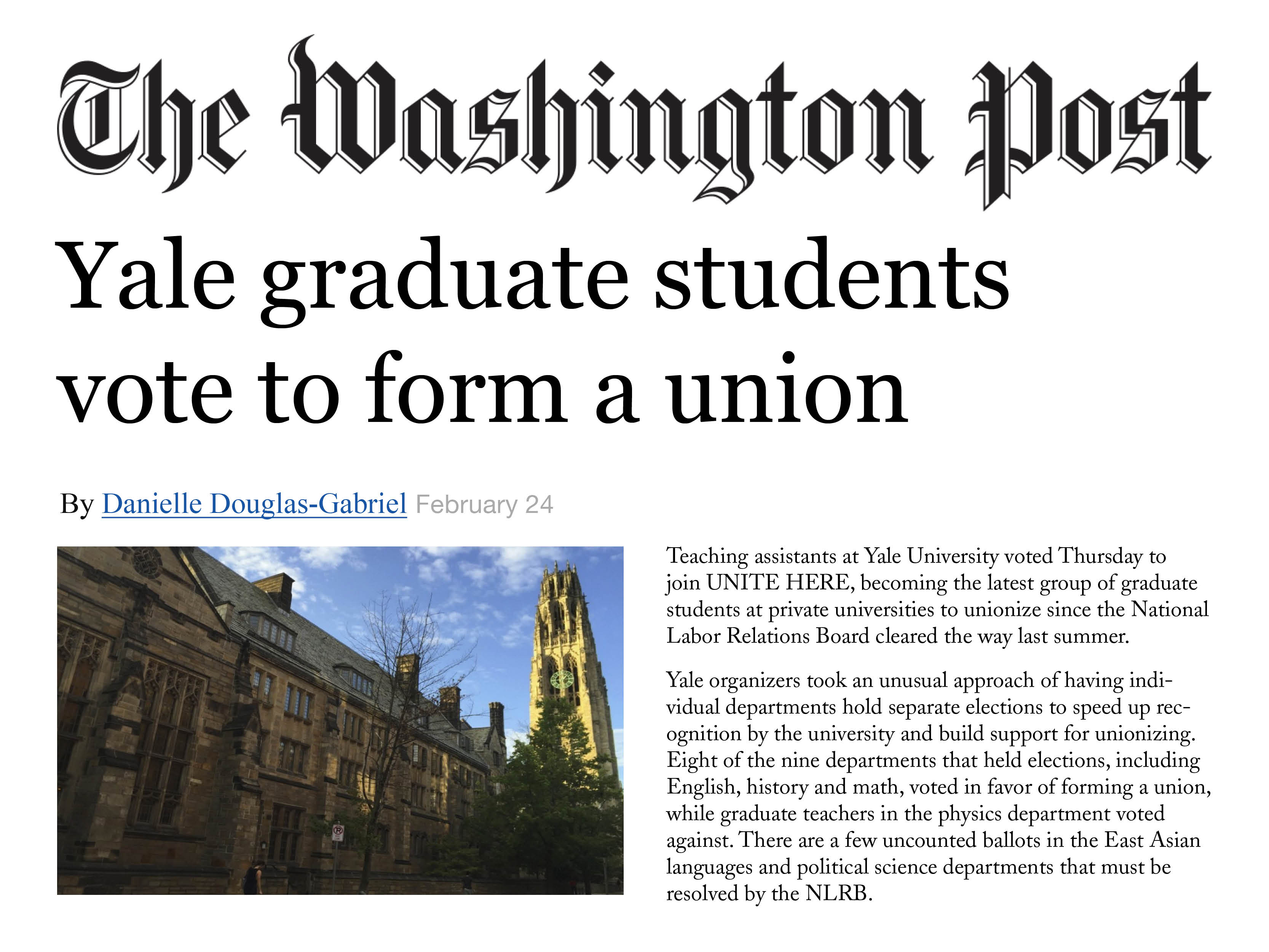 Washington Post - Yale graduate students vote to form a union